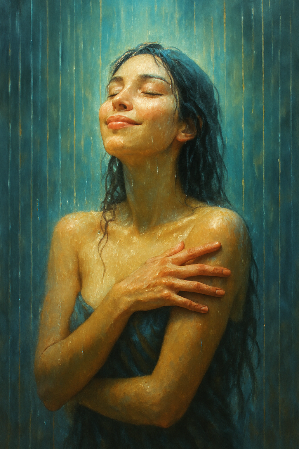 An older woman standing in cleansing rain, eyes closed with a peaceful expression, symbolising self-love and healing. The soft, radiant glow surrounding her contrasts with the gentle downpour, creating a serene atmosphere of connection and inner peace.