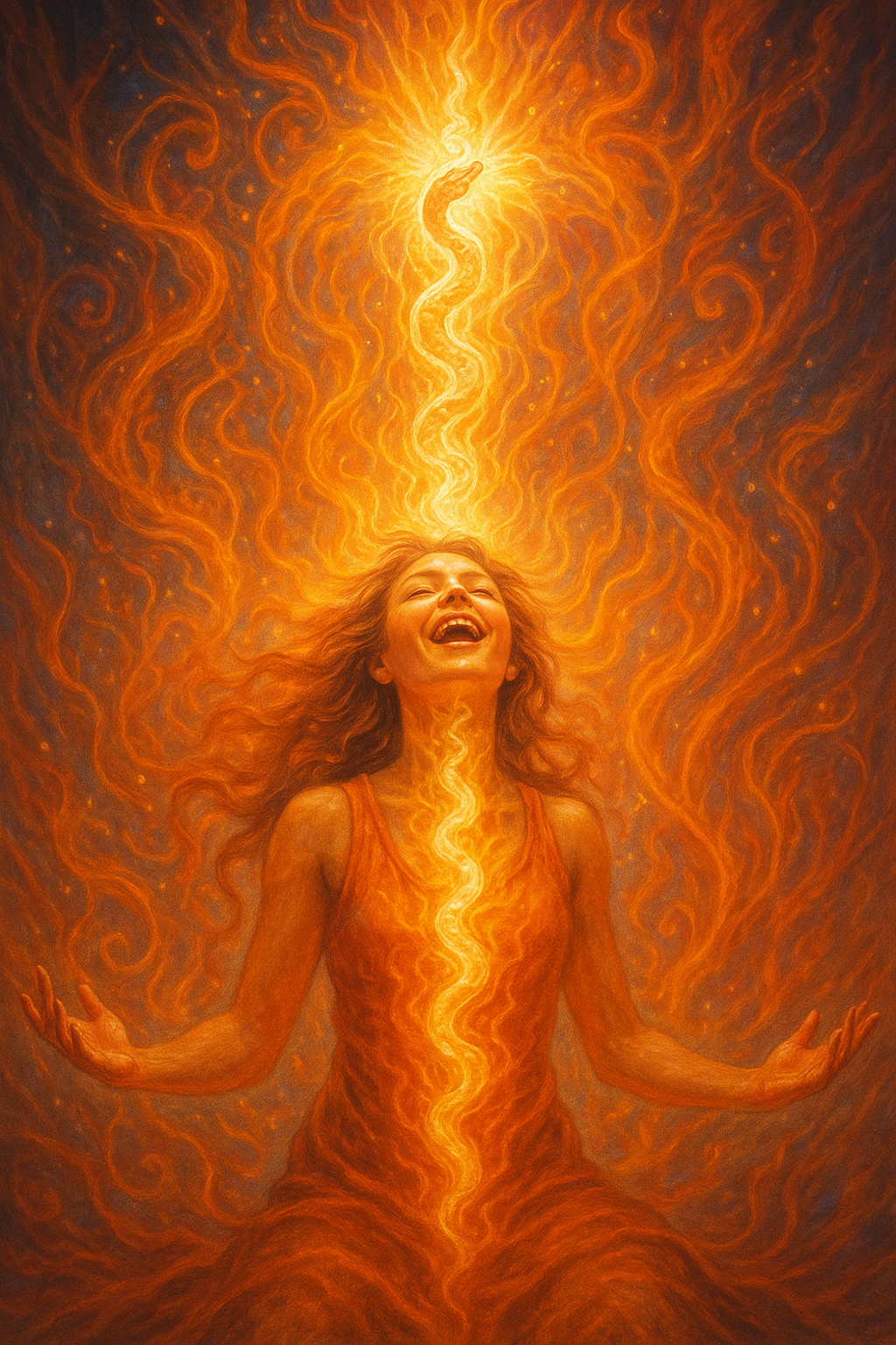 A radiant digital painting depicts a woman in a state of ecstatic bliss, seated with her arms open and face lifted in joy. Fiery orange and golden light swirls around her and flows upward through her body in a serpentine pattern, symbolising kundalini energy. Her long hair blends with the surrounding flames, and a luminous halo forms above her head, conveying a powerful sense of spiritual awakening and energetic flow. The background is filled with glowing, swirling patterns, enhancing the mystical and transformative atmosphere.
