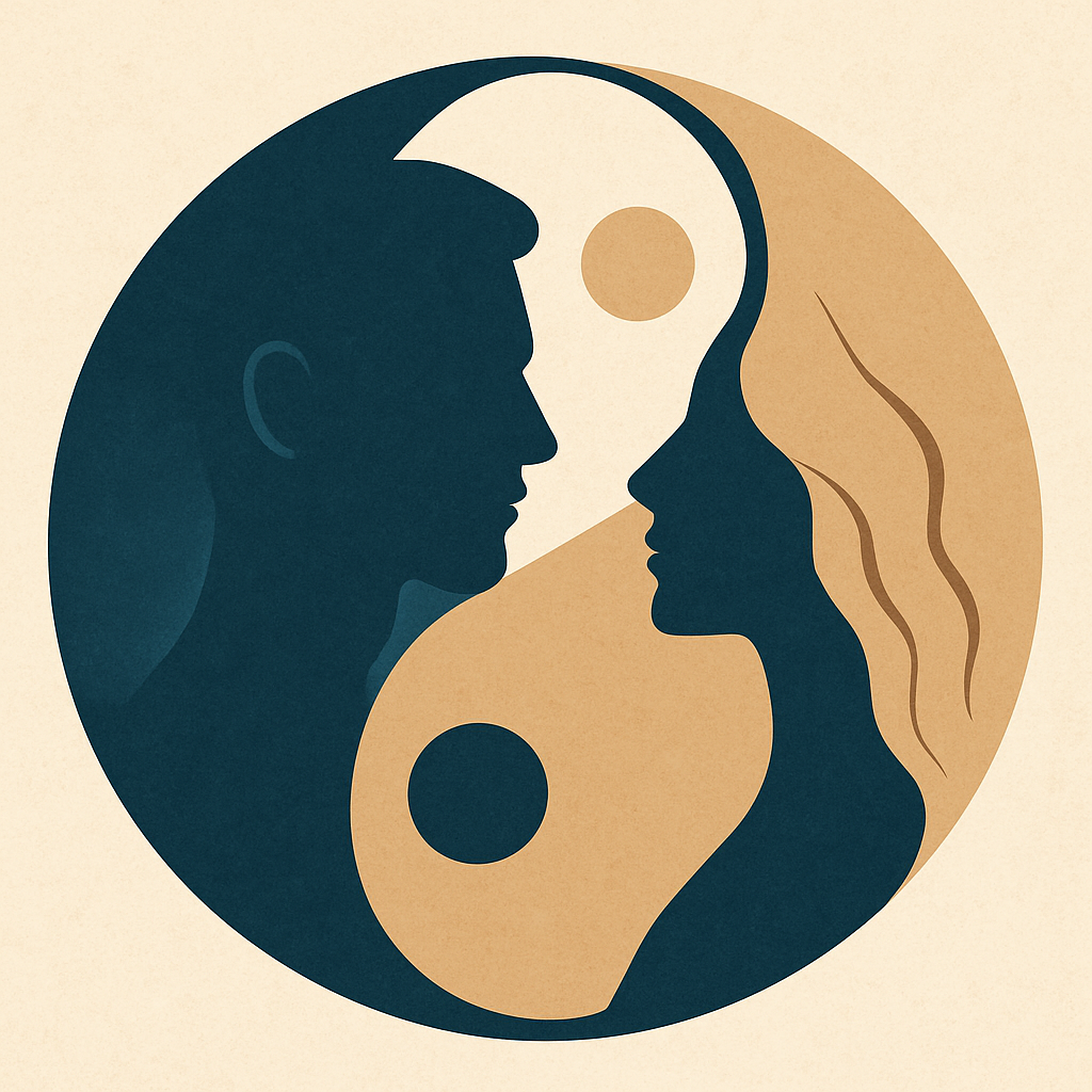 Image of a Man and Woman in a Ying Yang symbol with light and dark parts.