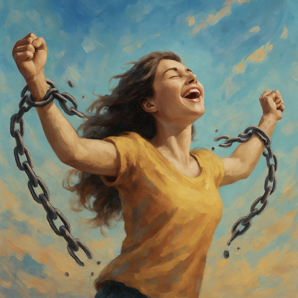 A woman with long light brown hair breaking free from chains, her arms outstretched in joy, symbolizing liberation from guilt, shame, and societal expectations. The background is filled with vibrant swirling colors, embodying the power of embracing pleasure and freedom.